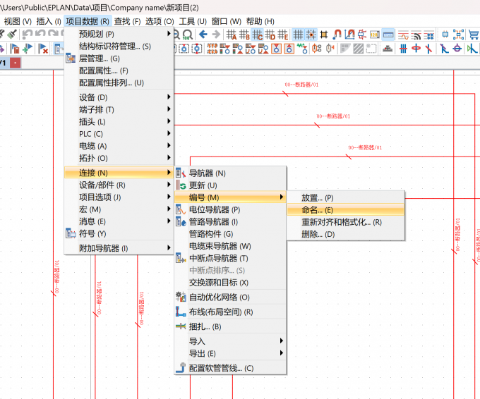 选择【项目数据】-【连接】-【编号】-【命名】