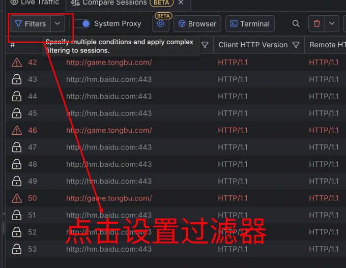点击设置Fiddler过滤器