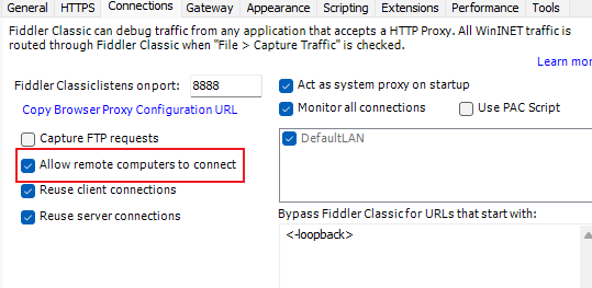 Fiddler允许连接远程设备