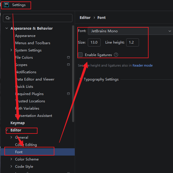 在WebStorm设置中找到字体界面