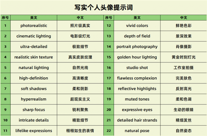 写实个人头像提示词