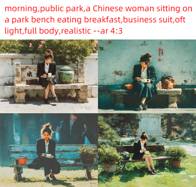 公园长椅上吃早餐的女士