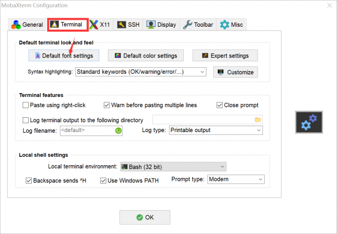 找到【Default font settings】