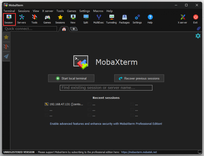 打开MobaXterm点击session按钮创建会话