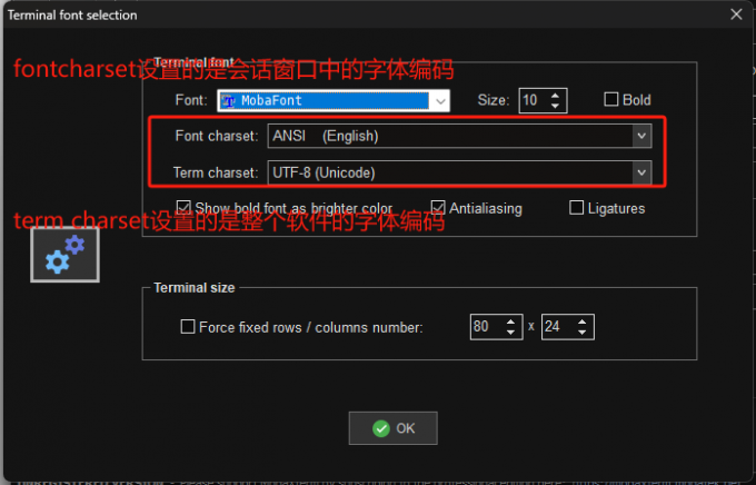 设置fontcharset和termcharset为utf-8