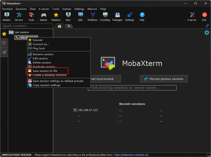 选中MobaXterm的某项设备并保存Session