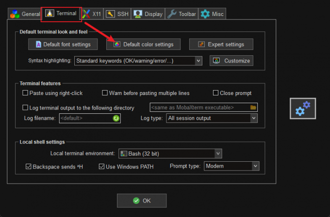 在Terminal下找到Default color settings按钮