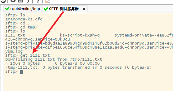 使用SFTP标签页内的get命令下载文件到本地