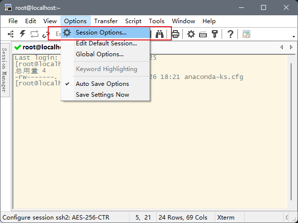 找到SessionOptions按钮并打开