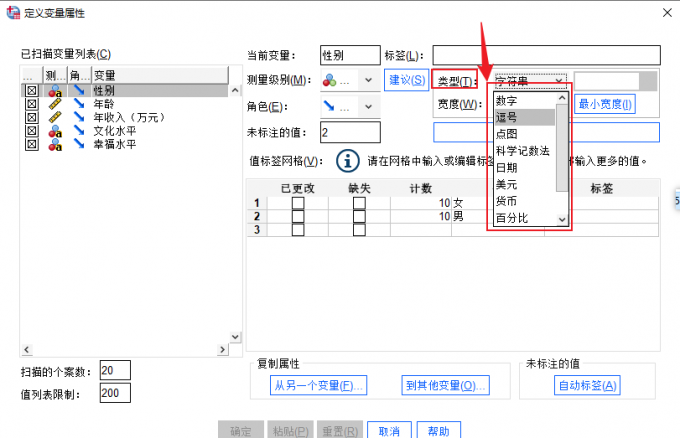 类型选项