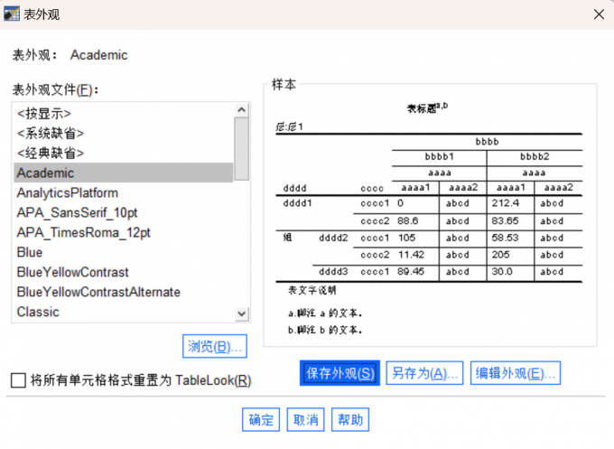 选择Academic表外观文件